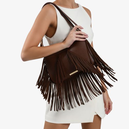 Bolsa Hobo Média Marrom Franjas Couro
