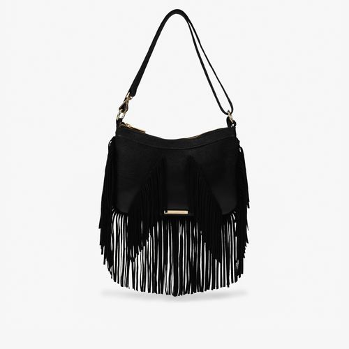 Bolsa Hobo Média Preto Franjas Couro