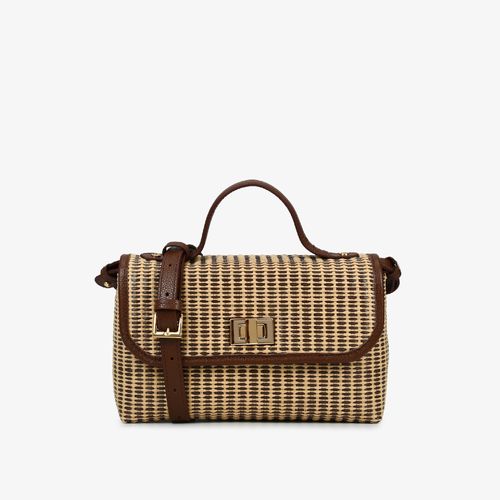 Bolsa Satchel Média Marrom Tecido Tramado Couro