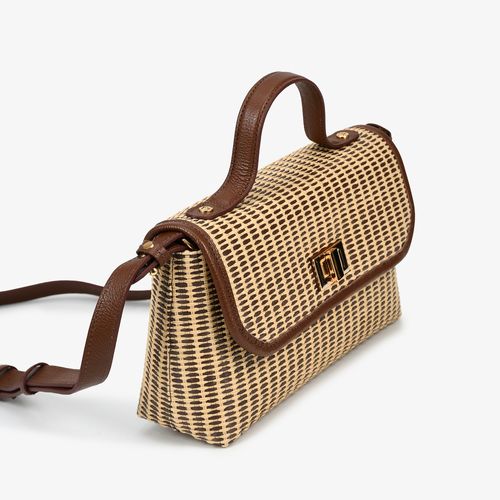 Bolsa Satchel Média Marrom Tecido Tramado Couro