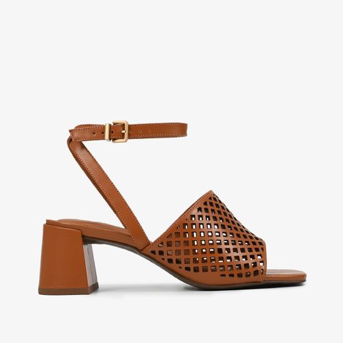 Sandália Caramelo Vazado Salto Bloco Médio Couro