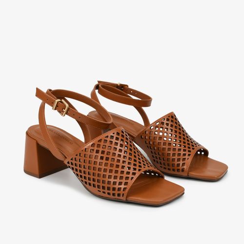 Sandália Caramelo Vazado Salto Bloco Médio Couro