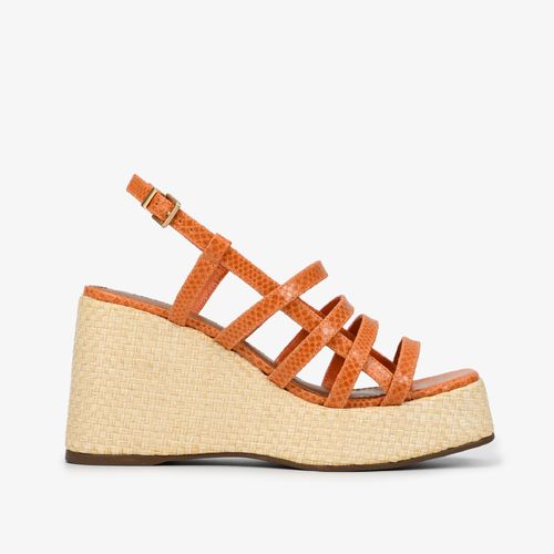 Sandália Laranja Salto Anabela Médio Couro