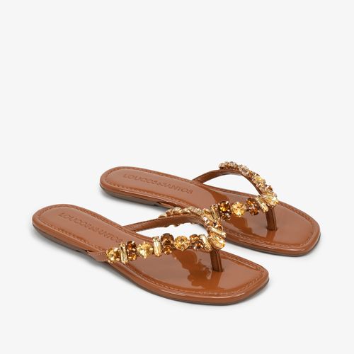 Sandália Rasteira Caramelo Pedraria Verniz