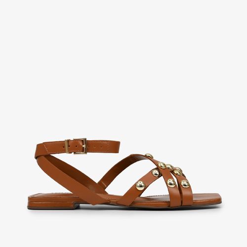 Sandália Rasteira Caramelo Tachas Couro