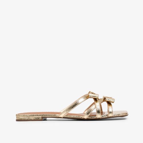 Sandália Rasteira Dourado Metalizado Laços Couro