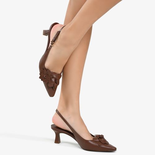 Slingback Marrom Flores Salto Médio Couro