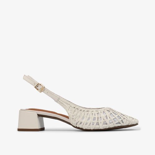 Slingback Off White Tramado Salto Bloco Baixo Couro