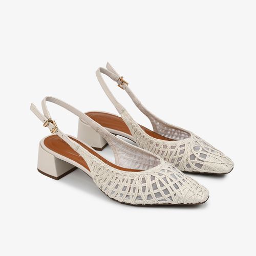 Slingback Off White Tramado Salto Bloco Baixo Couro