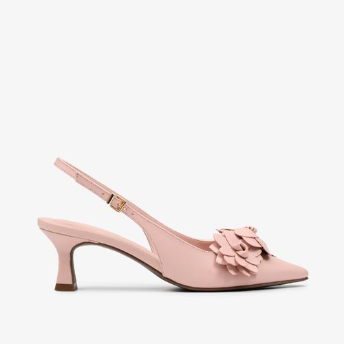 Slingback Rosa Claro Flores Salto Médio Couro