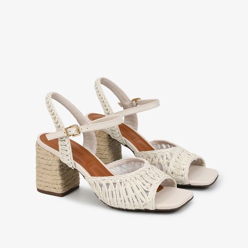 Sandália Off White Tramada Salto Bloco Médio Couro