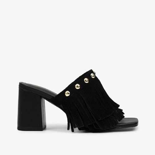 Tamanco Preto Franjas Salto Bloco Médio Couro Camurça