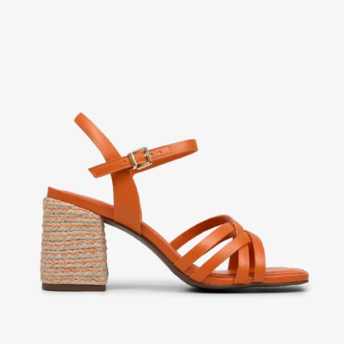 Sandália Laranja Salto Bloco Médio Couro