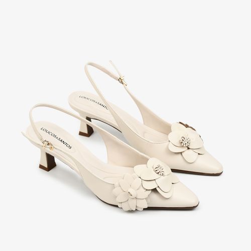 Slingback Branco Flores Salto Médio Couro
