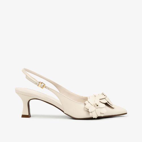 Slingback Branco Flores Salto Médio Couro