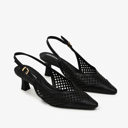 Slingback Preto Vazado Salto Médio Couro