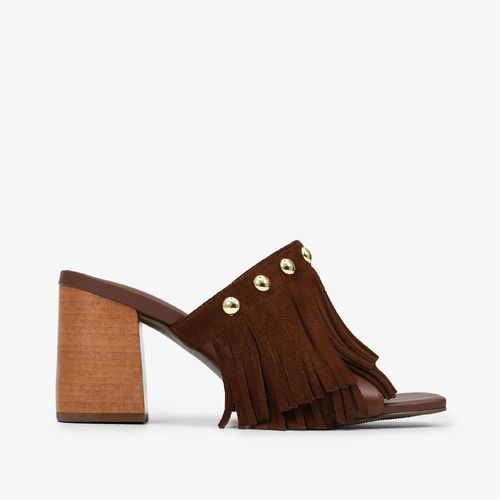 Tamanco Marrom Franjas Salto Bloco Médio Couro Camurça