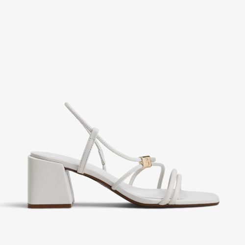 Sandália Salto Bloco Off White Algodão Couro